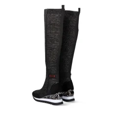 Bota Alta Com Cunha Assimetrica Y2327-H507 Em Preto Brilhante