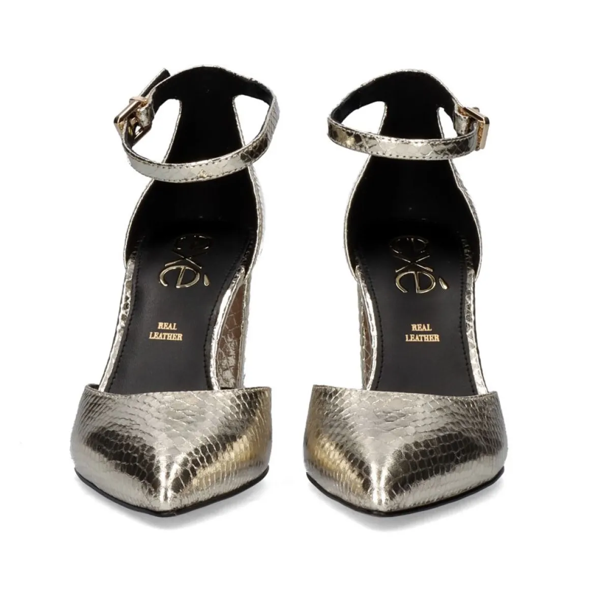 Sapato De Salto Alto Quadrado Leslie-100 Em Dourado Snake