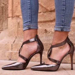 Sapato Tacao Jessica-930 Com Tiras Em Pewter Snake